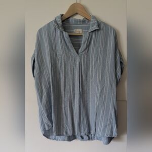 Thread & Supply Linen Blend Chambray Blue Striped Short Sleeve Top Size XL